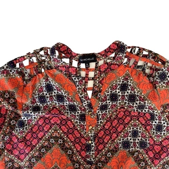 MY MICHELLE Tunic High Low Lattice Detail Orange Black Pink Women Size XL NWT - Picture 2 of 14